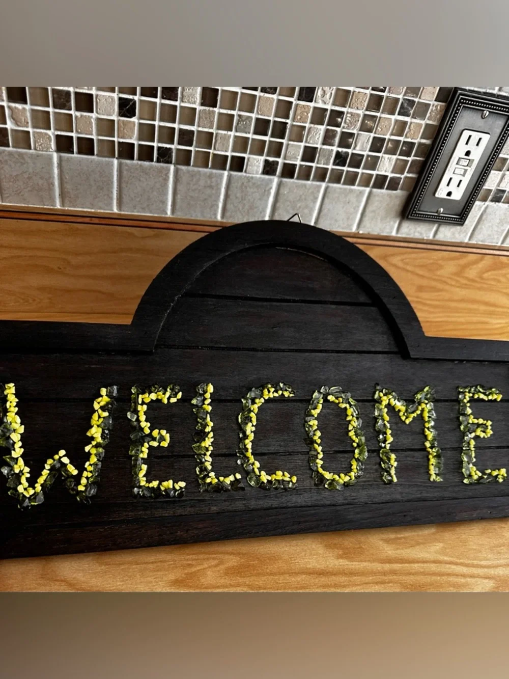 Hand crafted Welcome Wall Sign — Dark Wood with Green Accents